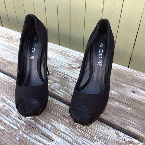 Aldo Black Suede Peep Toe Platf  Stiletto Heels - Picture 9 of 10